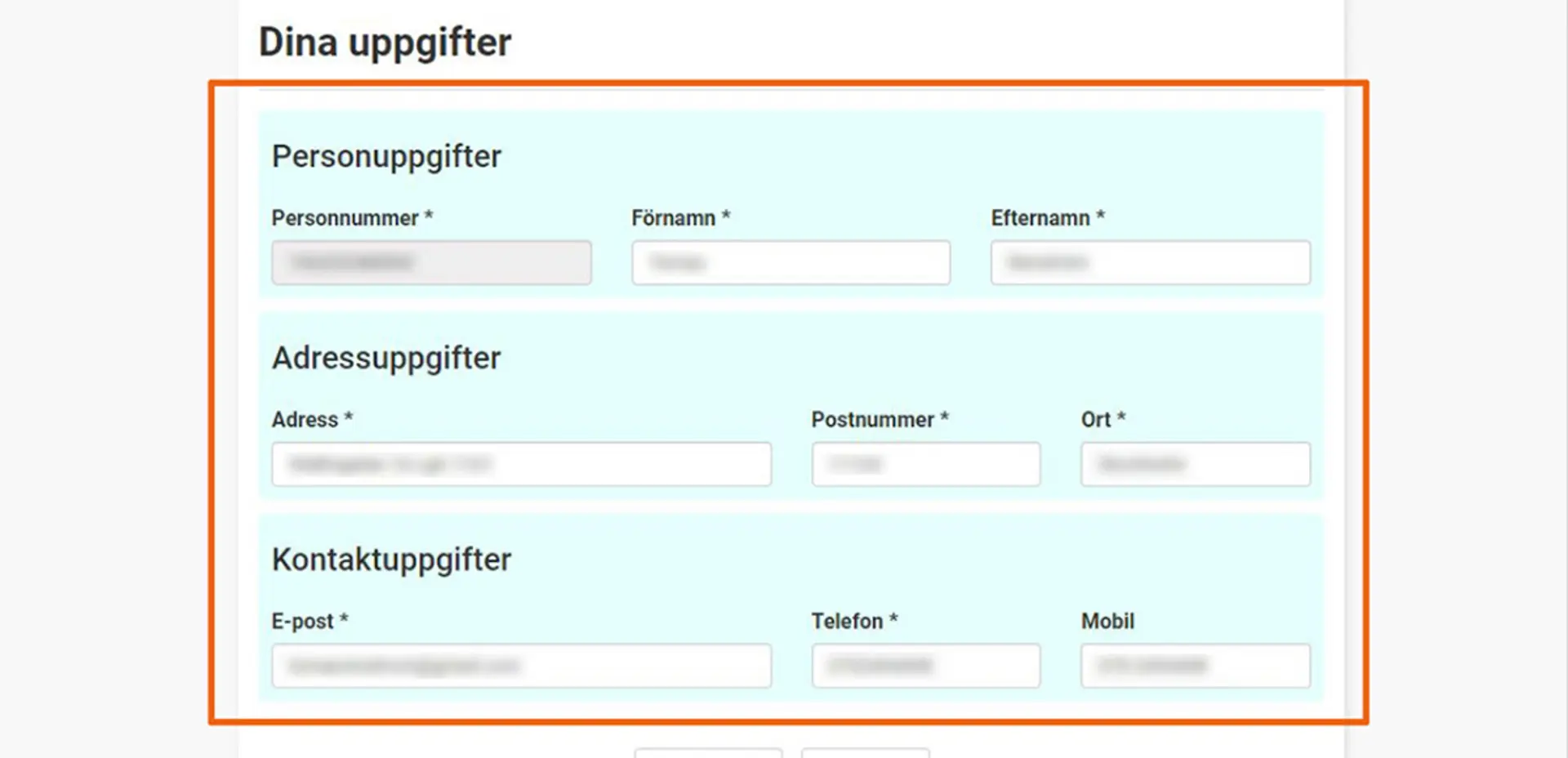 Vy 3: fyll i din uppgifter, från digitala tjänsten Bokning av villatomt. Skärmbild. 