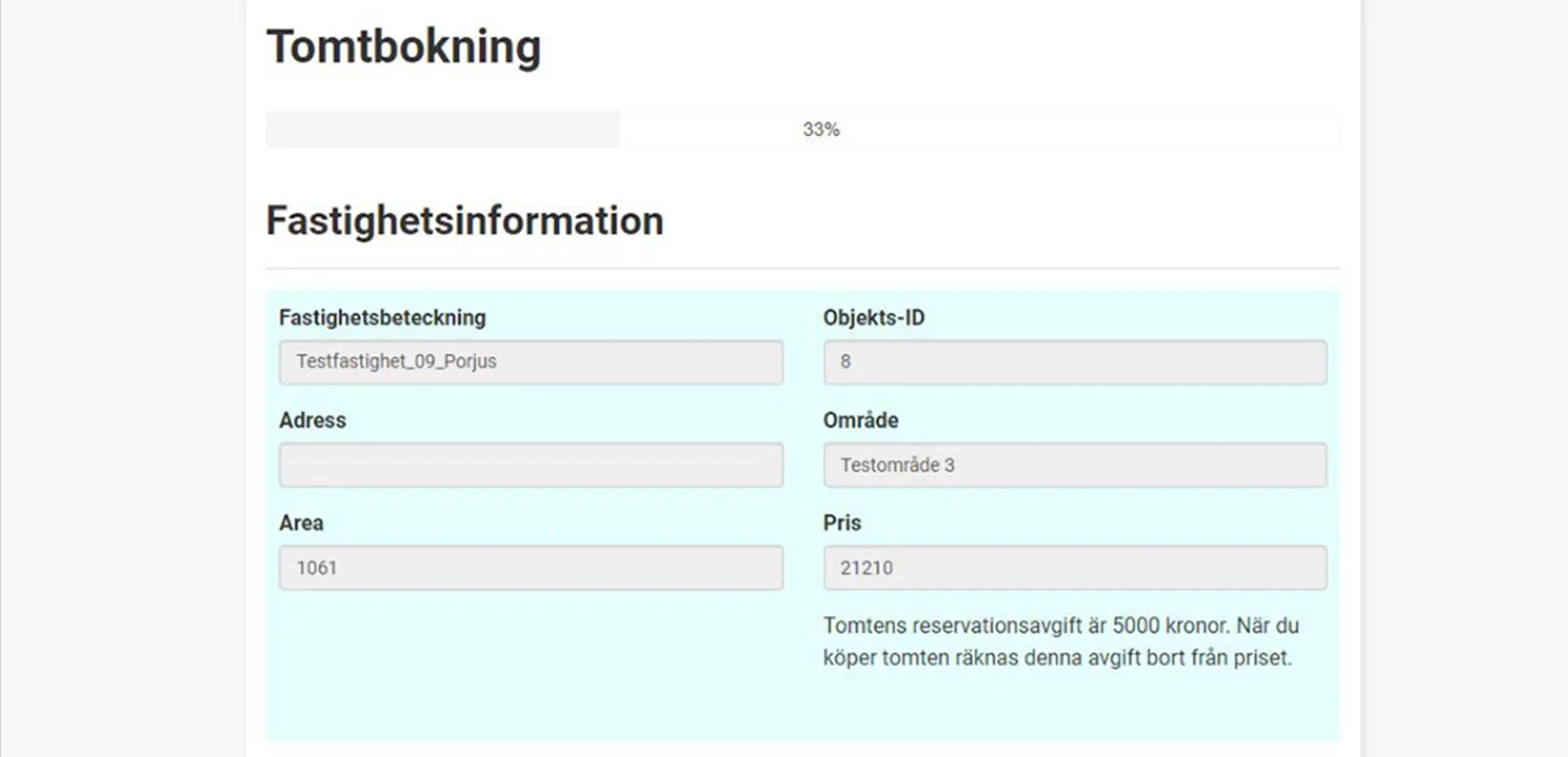 Vy 2: fastighetsinformation, från digitala tjänsten Bokning av villatomt. Skärmbild. 