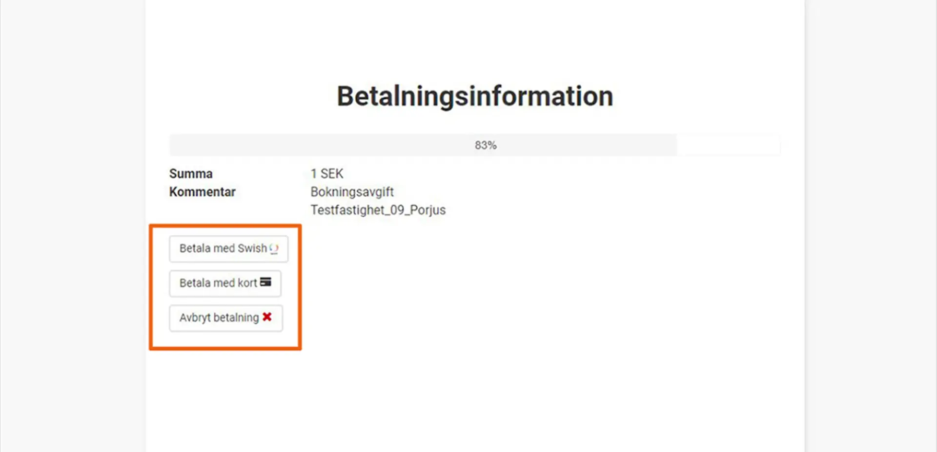 Vy 6: betalalternativ, från digitala tjänsten Bokning av villatomt. Skärmbild. 