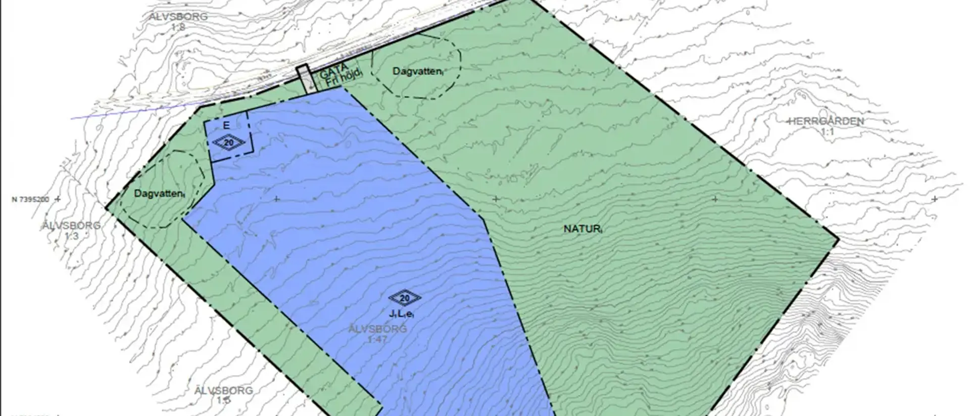 Skissad plankarta över pågående detaljplanen Älvsborg. Illustration